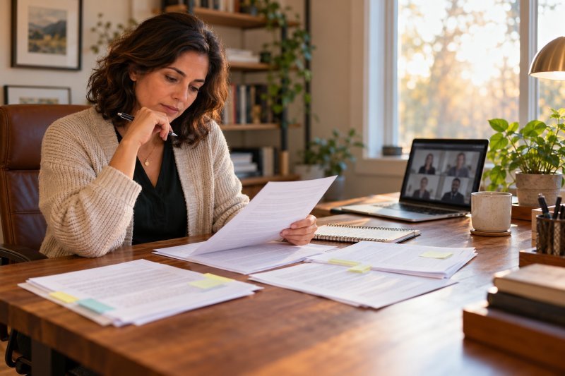 Working professional reviewing documents to resolve conflicting dissertation committee feedback