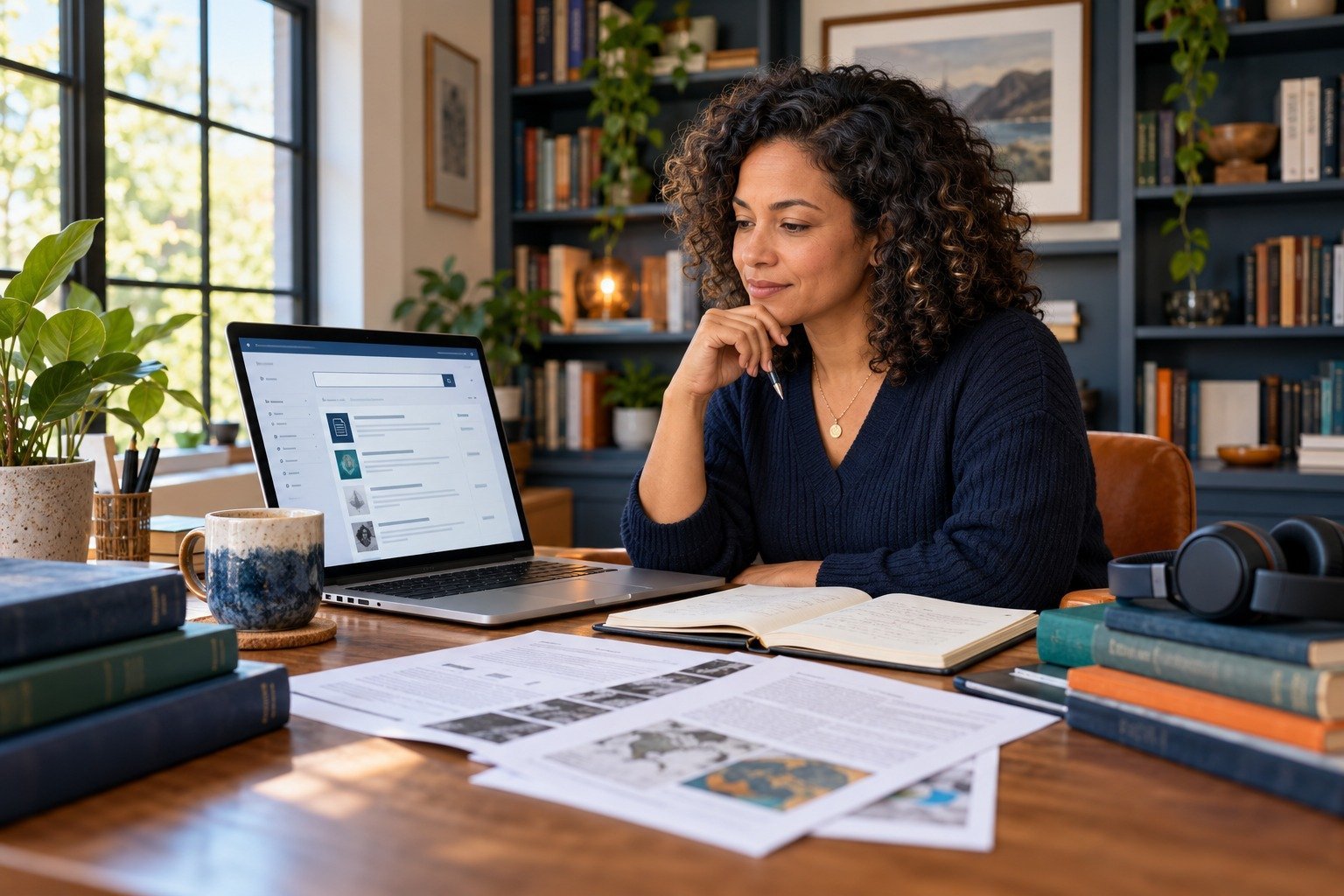 Working professional evaluating online graduate program library services and research databases