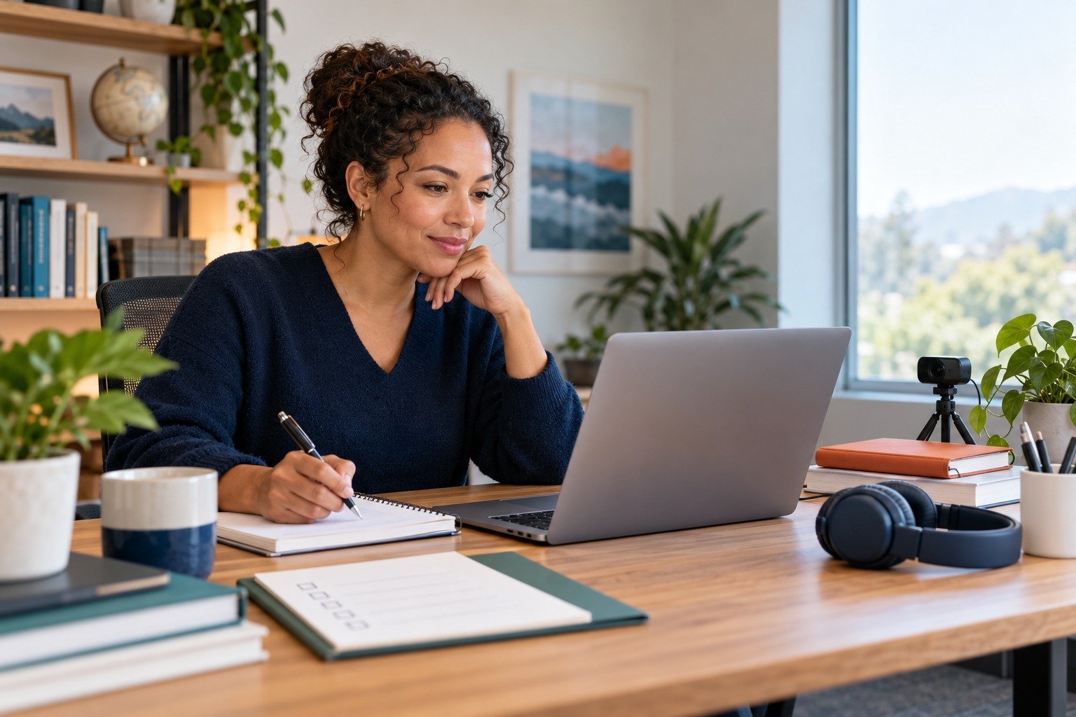 Working professional comparing online graduate program technology requirements at a home office