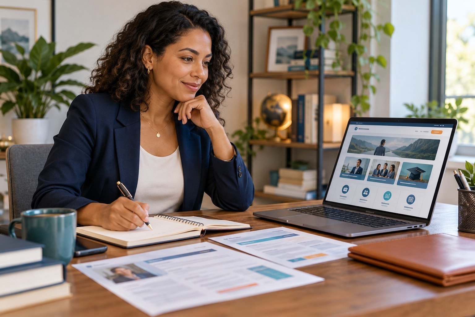 Working professional evaluating online graduate program career services at a home office