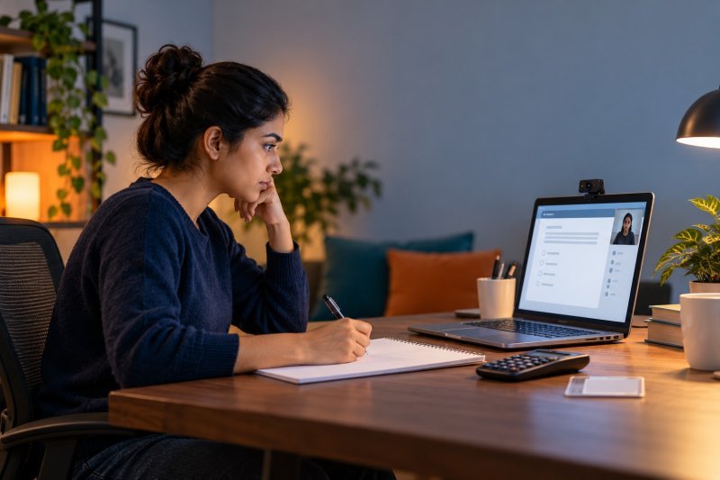Working professional preparing for online proctored graduate exams at a private desk